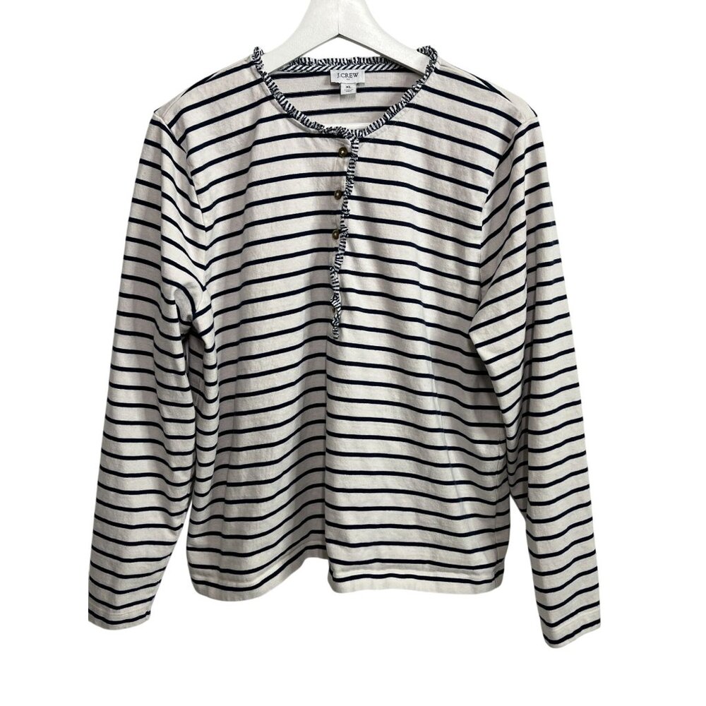 J Crew Top Womens Long Sleeve T Shirt Striped Blue Cream Size XL Fall Casual Tee